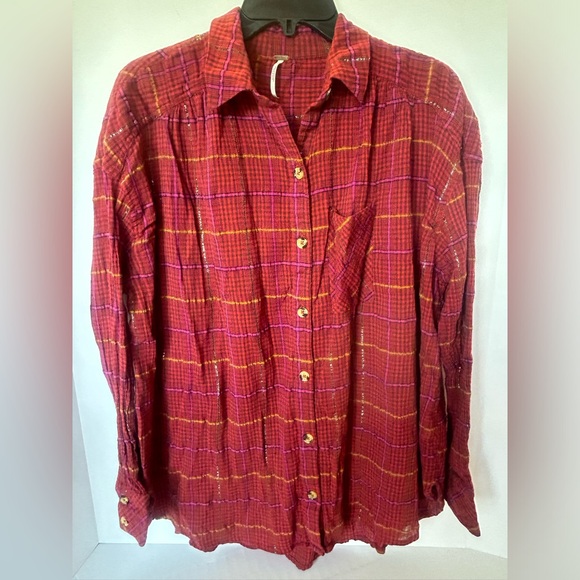 Free People Tops - Free People Break My Stride Plaid Button Down Shirt, Red, Metallic Stripe Small